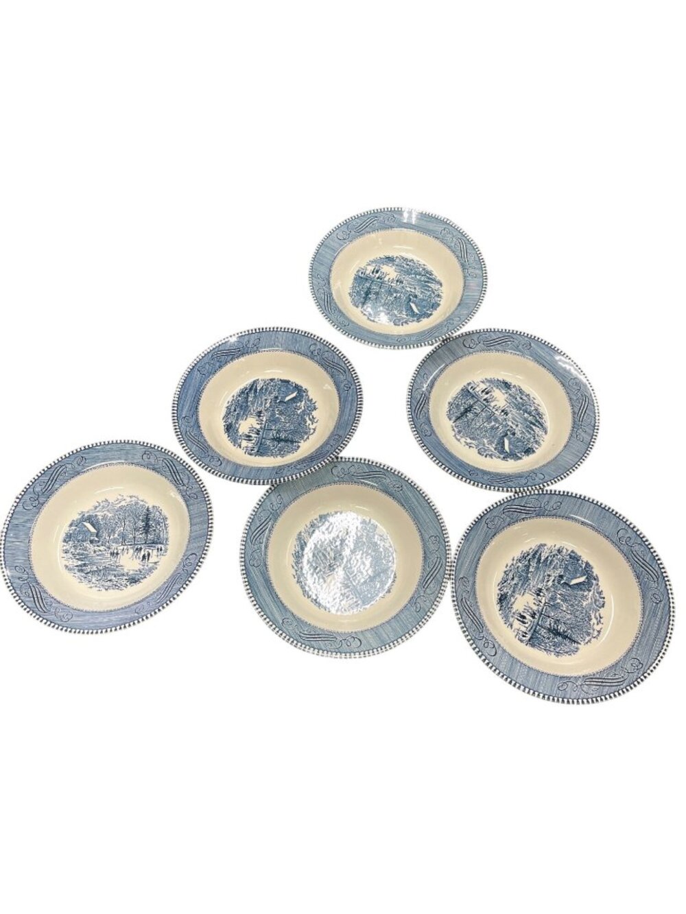 Currier & Ives VTG winter blue royal china soup bowls plates set of 6 SKU 10-025